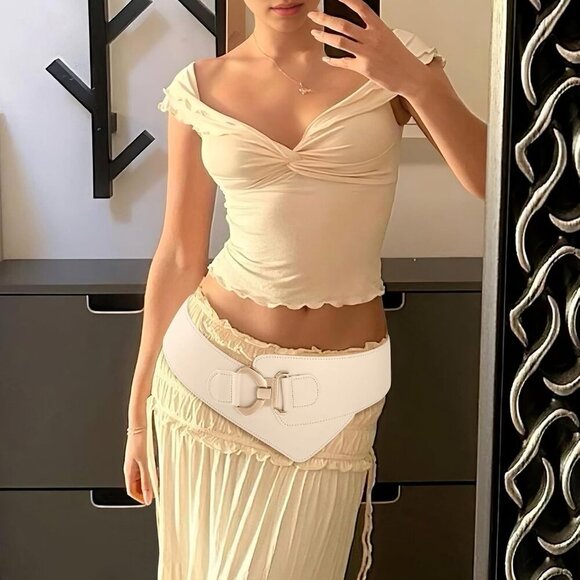 Women\'s Wide Elastic Stretch Waist Belt Adjustable Dress Belt Matte Beige Gold main image 3